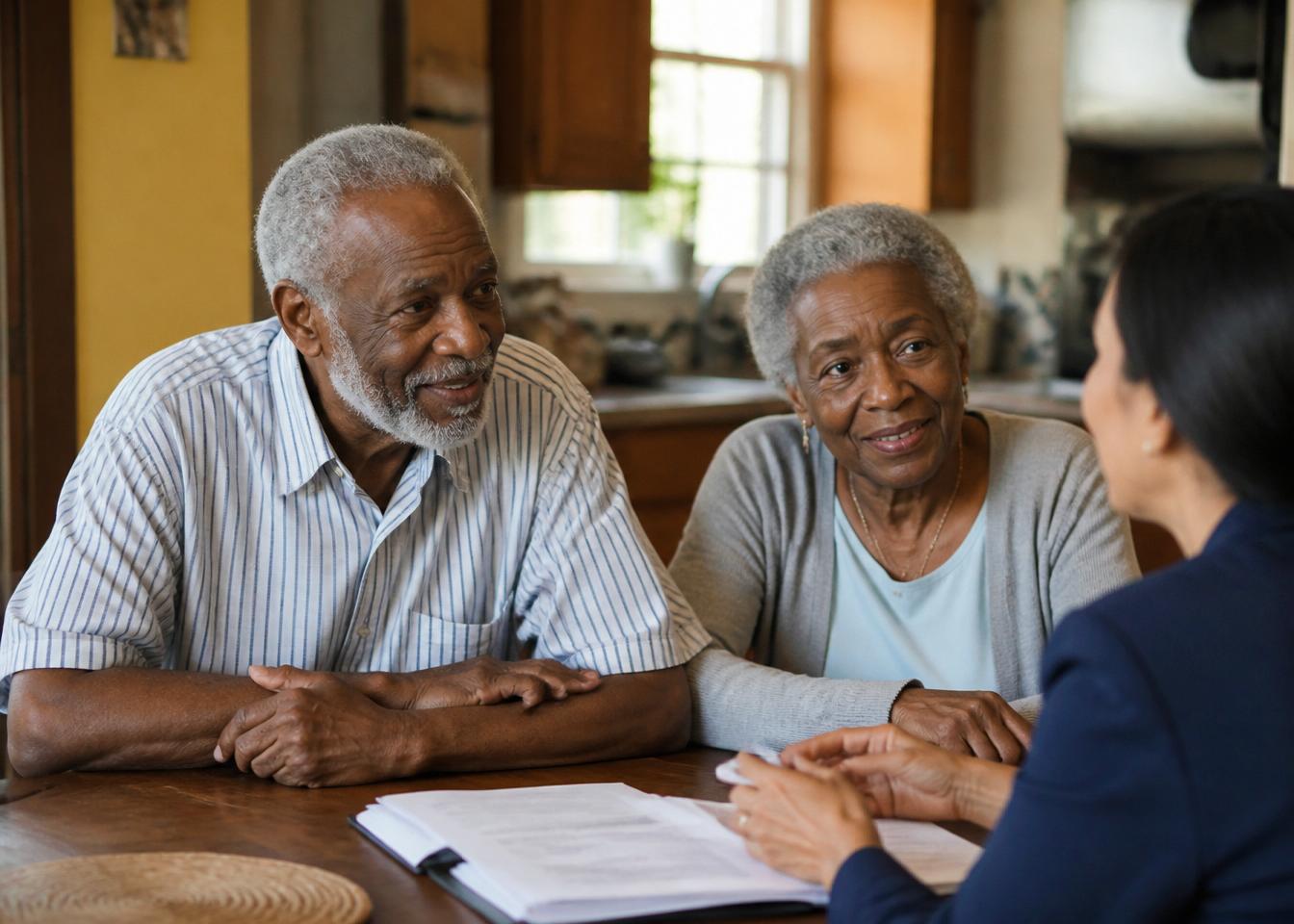 A home advisor sitting with an elderly Black couple at their kitchen table