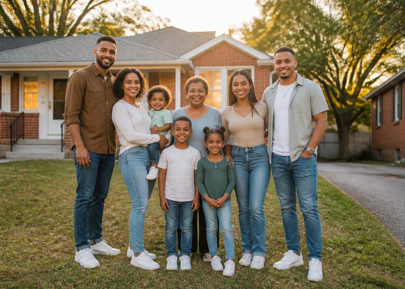 A relieved blended African American and Hispanic family smiling together in front of their home